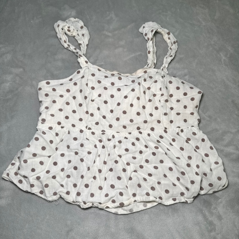 Monteau Los Angeles Polka Dot Peplum Camisole Top Brown White Linen Blend Large